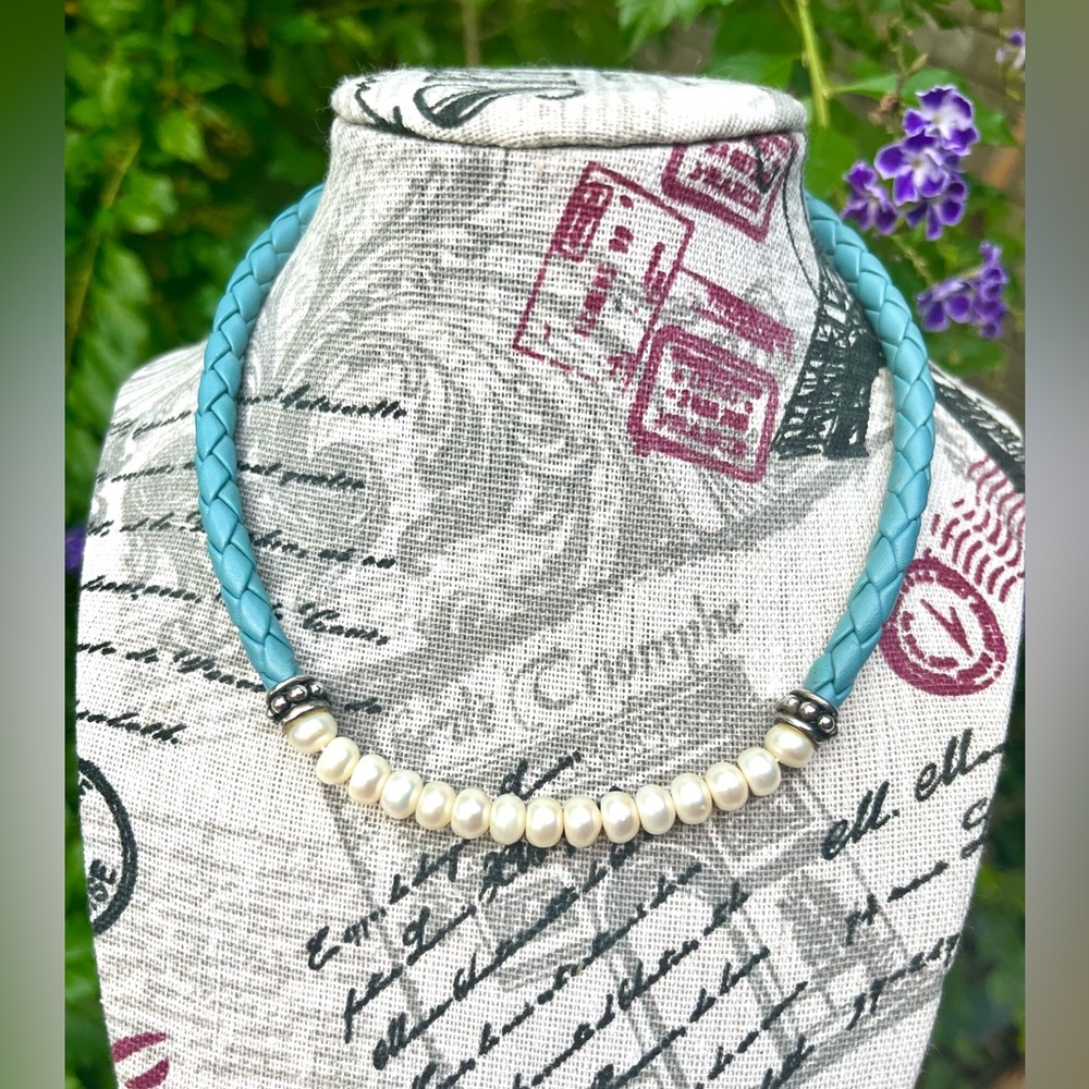 Honora Cultured Pearl and Braided Leather in Blue with Sterling Silver clasp - Picture 6 of 6